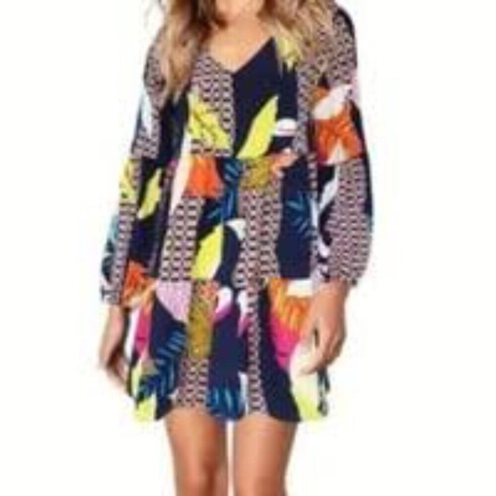 WOMEN'S LONG SLEEVE COLORFUL PRINT CUTE V-NECK FLOWY DRESS SIZE SMALL NWOT
